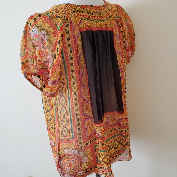 BCBG Max Azria Sheer Smocked Neck Peasant Style Top Shirt - Picture 4 of 6